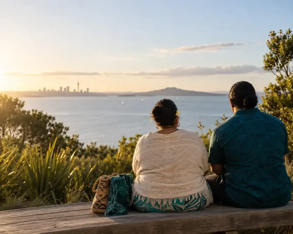 Two people sitting on a bench looking out over the Waitematā Harbour toward Auckland.